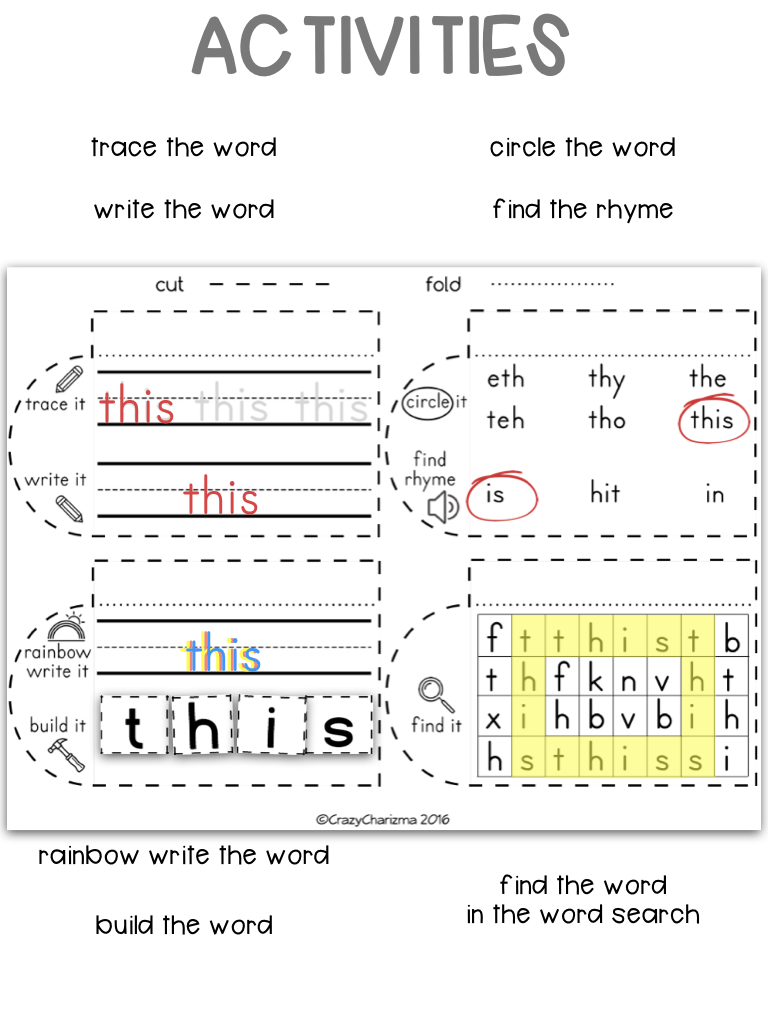 These activities for kids provide engaging, hands-on ways to build up sight words knowledge and increase reading skills. Use the packet as interactive notebooks or no-prep worksheets and master high frequency words.
