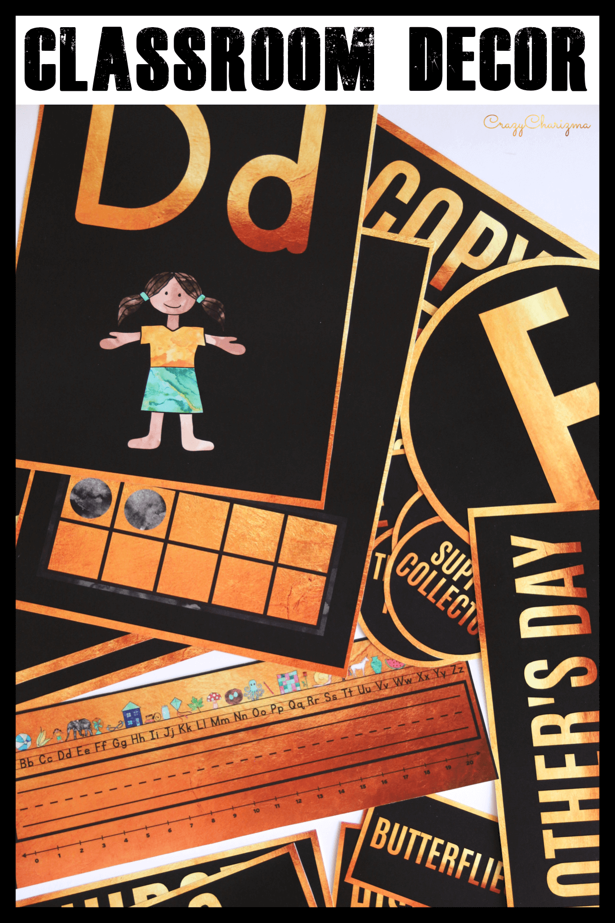 Looking for stylish decor? Love black and gold? This huge decor set is what you need and will love! There are over 200+ pages of printables. Find inside classroom jobs labels, name tags, alphabet posters, numbers posters, centers signs, table signs, hall passes, schedule, calendar elements.