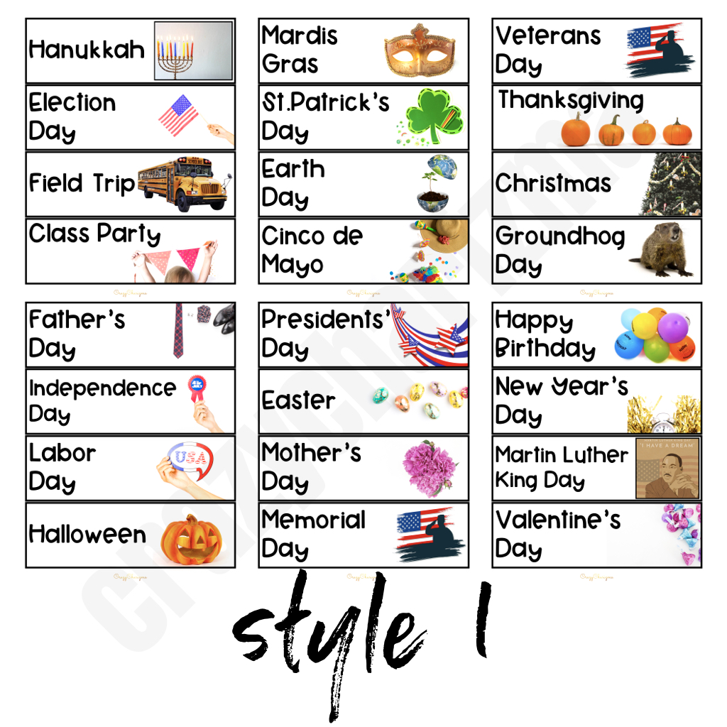 Looking to brighten up your classroom this year? This set will add some fresh and clean style to your classroom. Included in this resource are 24 pre-made school Holidays and Special Events cards in 2 styles! They are perfect to incorporate into your classroom.