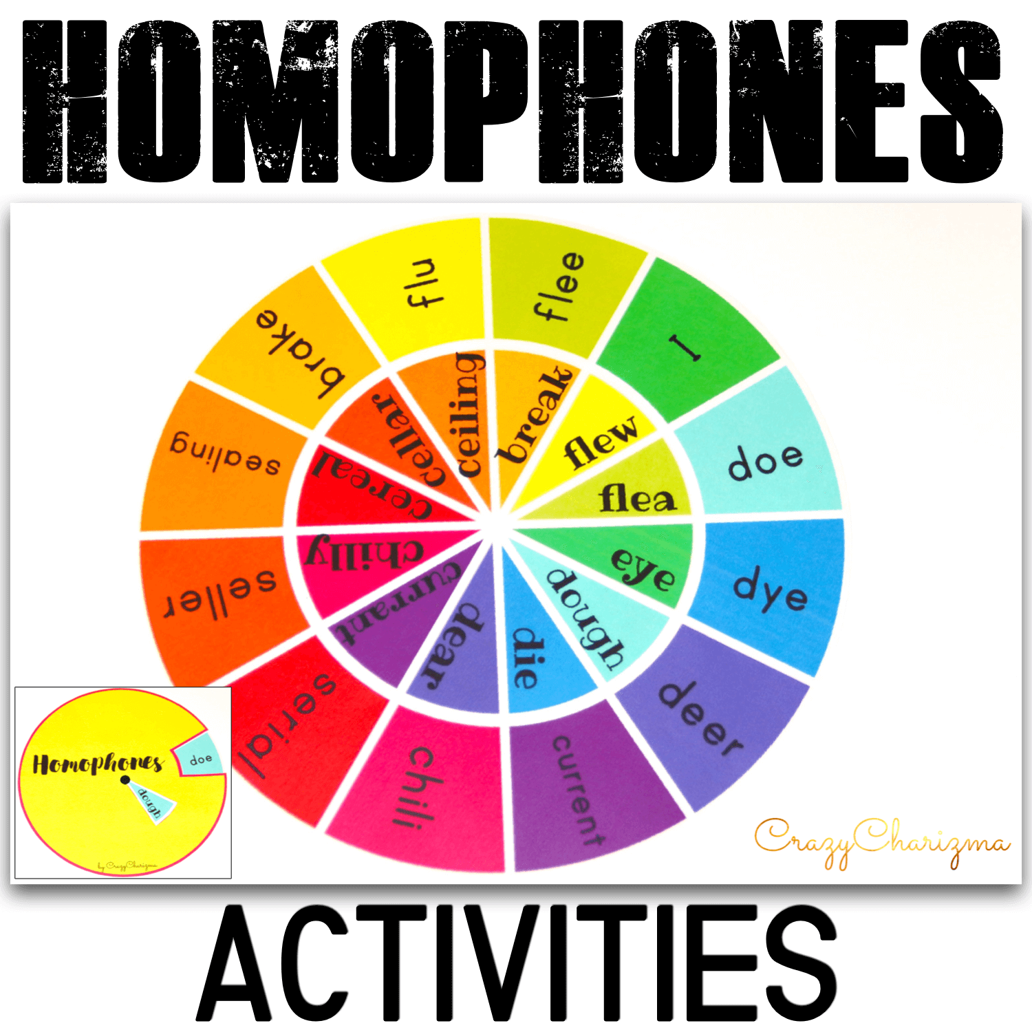 Homophones activities - Wheels are a fun way to introduce, practice or assess homophones. Use for classwork (pairwork or teamwork) or assessment. These 84 pairs of homophones will help your students prepare for state testing (supports common core standards)!