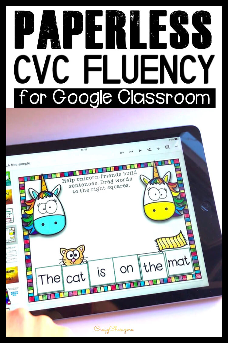 Google Classroom Activities for Kindergarten | CVC sentence fluency: Want to engage kids with CVC word sentences? Try activities for Google Classroom in kindergarten. With images as visual help, students will build sentences and read them aloud in an engaging way!