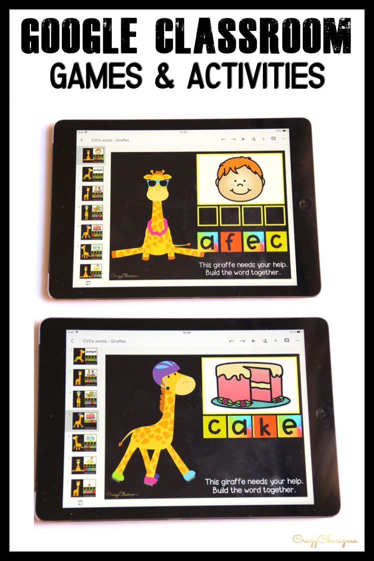 Google Classroom Activities for Kindergarten | CVCe words: Looking for quick activities for CVCe word work? How about giraffes? :) Kids will build the words and have images as visual help!