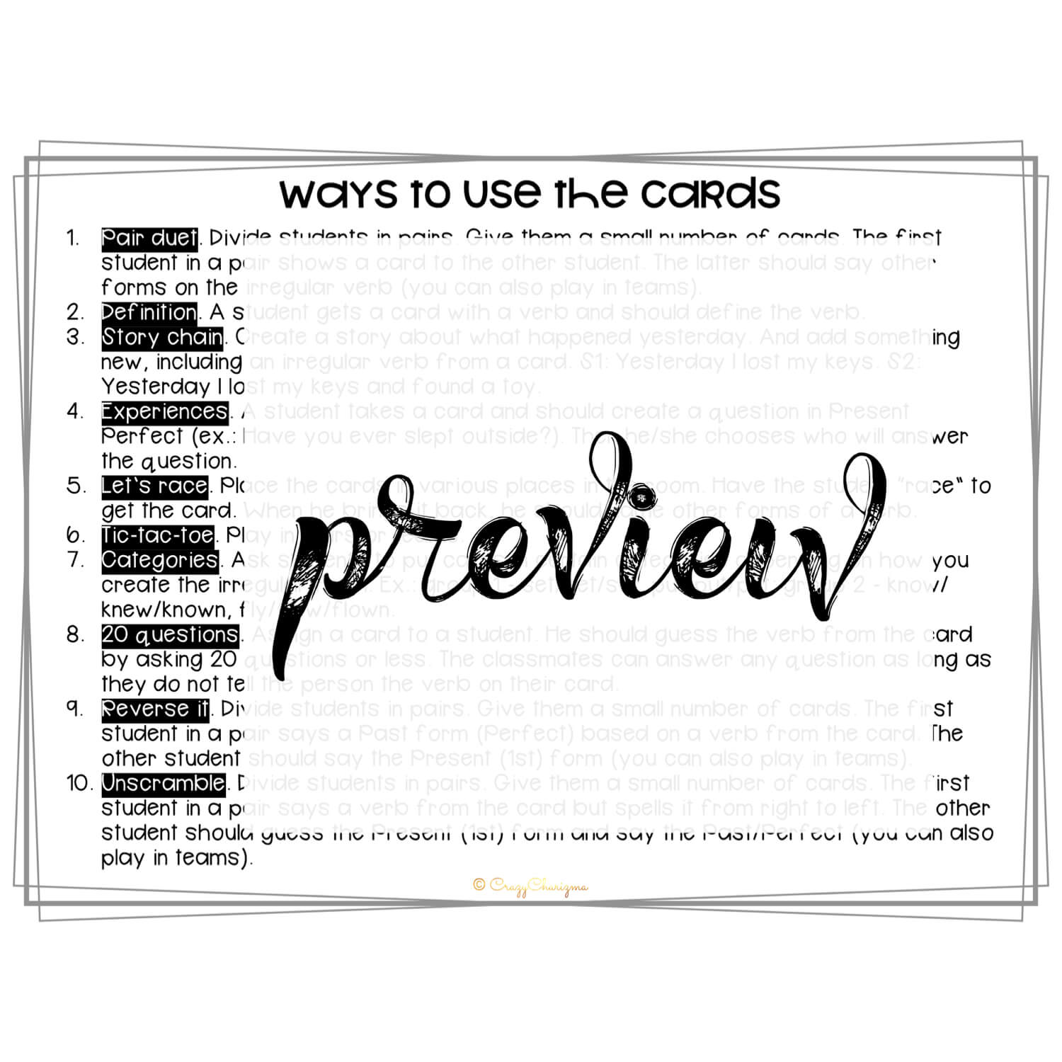 There can't be too many games to practice irregular verbs, right? Use the cards and play with irregular verbs in 10 engaging ways! Print in full color or B&W and start using in your classroom.