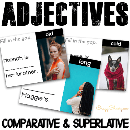 Need engaging activities to practice comparative and superlative adjectives? Use these grammar task cards with images and let kids practice degrees of comparison in a meaningful way!