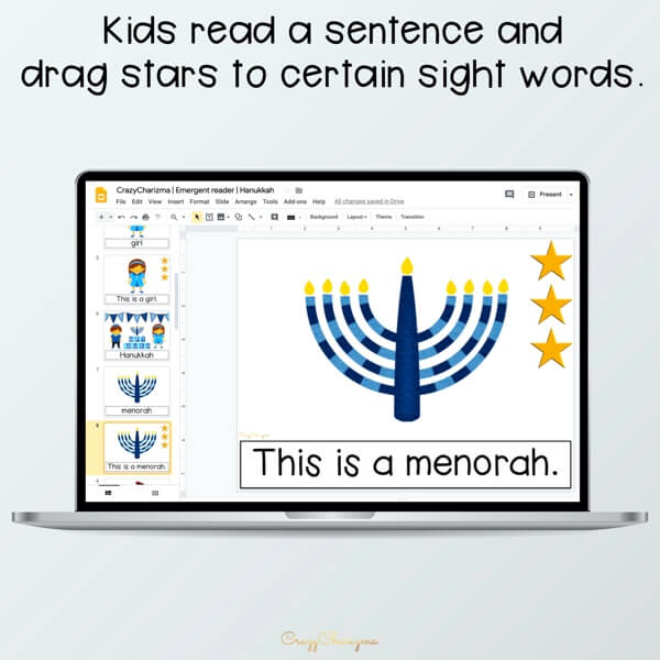 Looking for an engaging emergent reader for kindergarten? Want to introduce Hanukkah to kids? Read with this sight word reader! Use these Hanukkah activities for Google Classroom or print and read! Great as a guided reader or for individual practice.