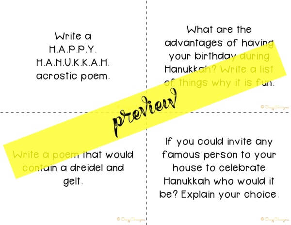 Looking for engaging Hanukkah writing prompts? Students will think and write about all things Hanukkah: how to celebrate Hanukkah, its traditions and food, symbols of Hanukkah (menorah, dreidel, gelt) and much more!