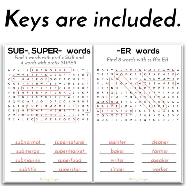 Prefixes and suffixes word searches are a perfect way to keep your students engaged. Print and use them with early finishers. Or when you need to work with small groups and have some students who can or need to practice more. Quick and sweet!