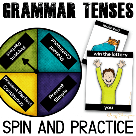 Spin and practice English verb tenses in a meaningful and engaging way. Take advantage of bright cards in color or save ink and print black and white cards. Practice all English tenses, as well as time expressions and articles!