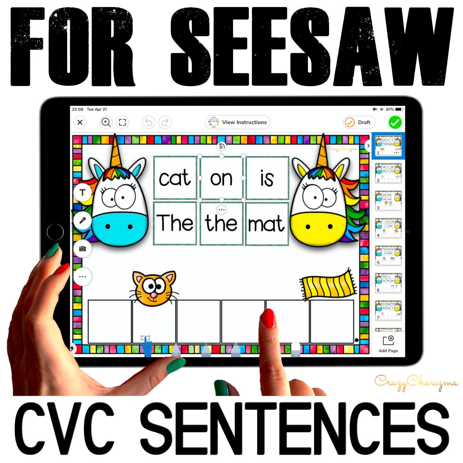 Need fun activities to use in Seesaw? Looking for engaging practice for distance learning? Try paperless CVC sentences with unicorns. Perfect for prek, kindergarten, first and second grade!