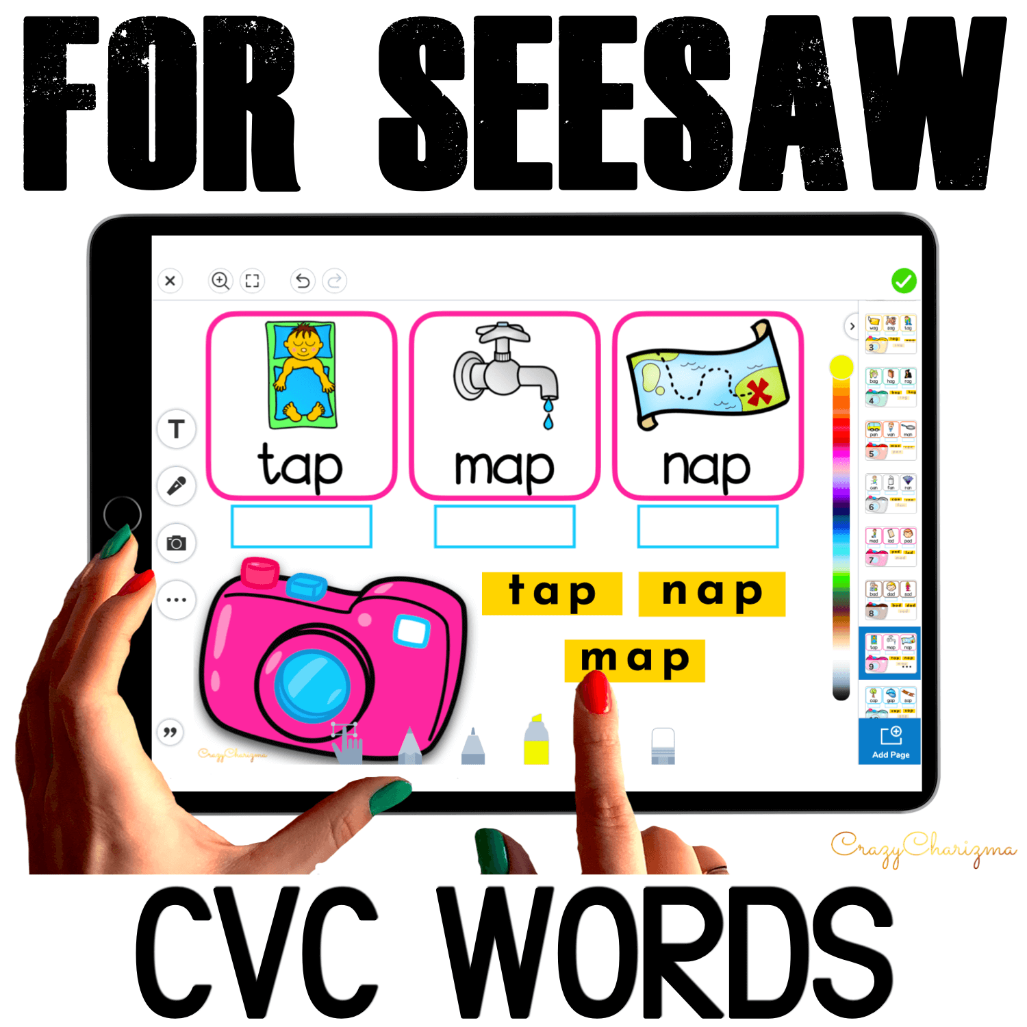 Need fun activities to use in Seesaw? Looking for engaging practice for distance learning? Try paperless CVC words practice with photos and cameras. Perfect for prek, kindergarten, first and second grade!