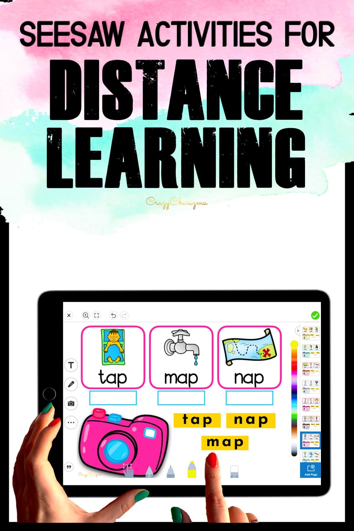 Need fun activities to use in Seesaw? Looking for engaging practice for distance learning? Try paperless CVC words practice with photos and cameras. Perfect for prek, kindergarten, first and second grade!