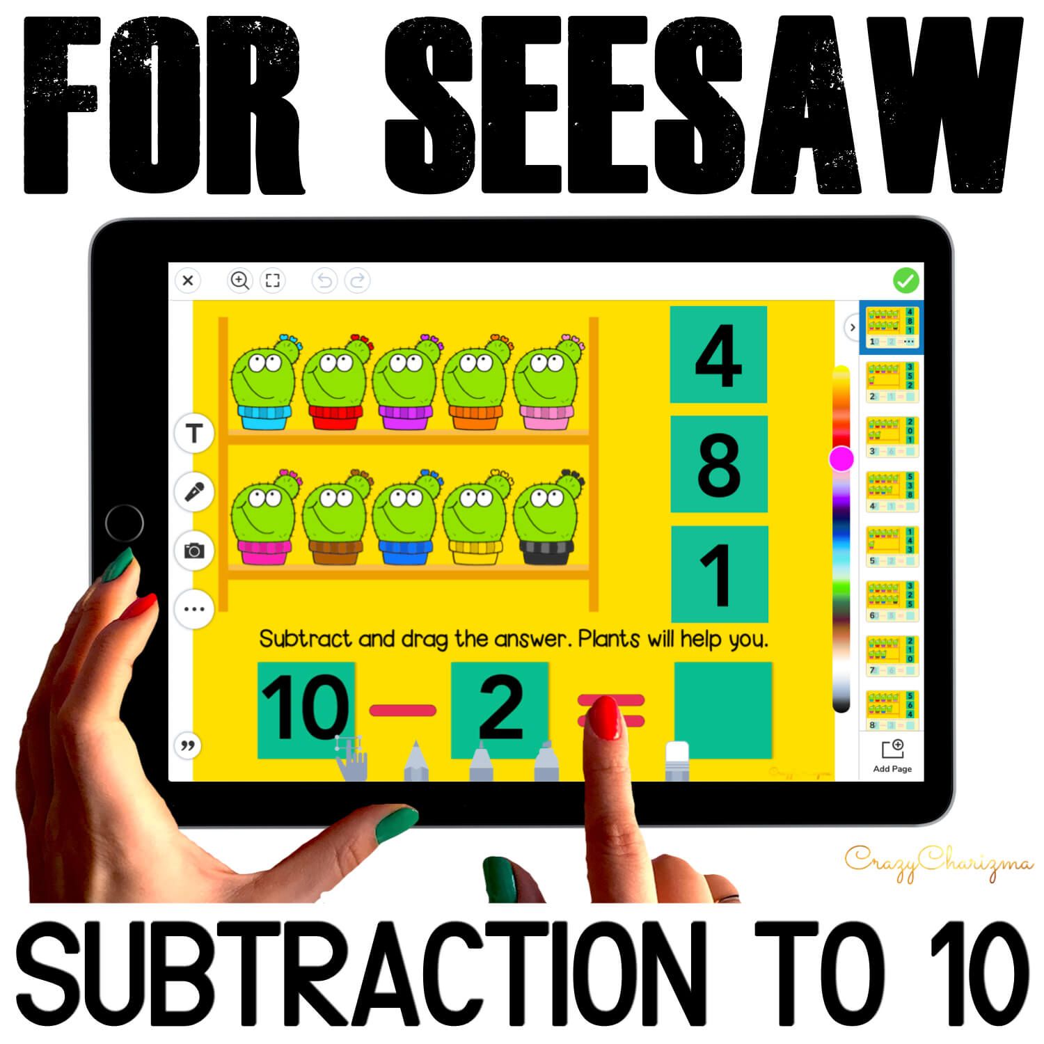 Need fun activities to use in Seesaw? Looking for an engaging Subtraction to 10 practice for distance learning? Have fun with this math center. Kids will subtract numbers and drag moveable pieces with the correct answer. Pictures of plants will help!