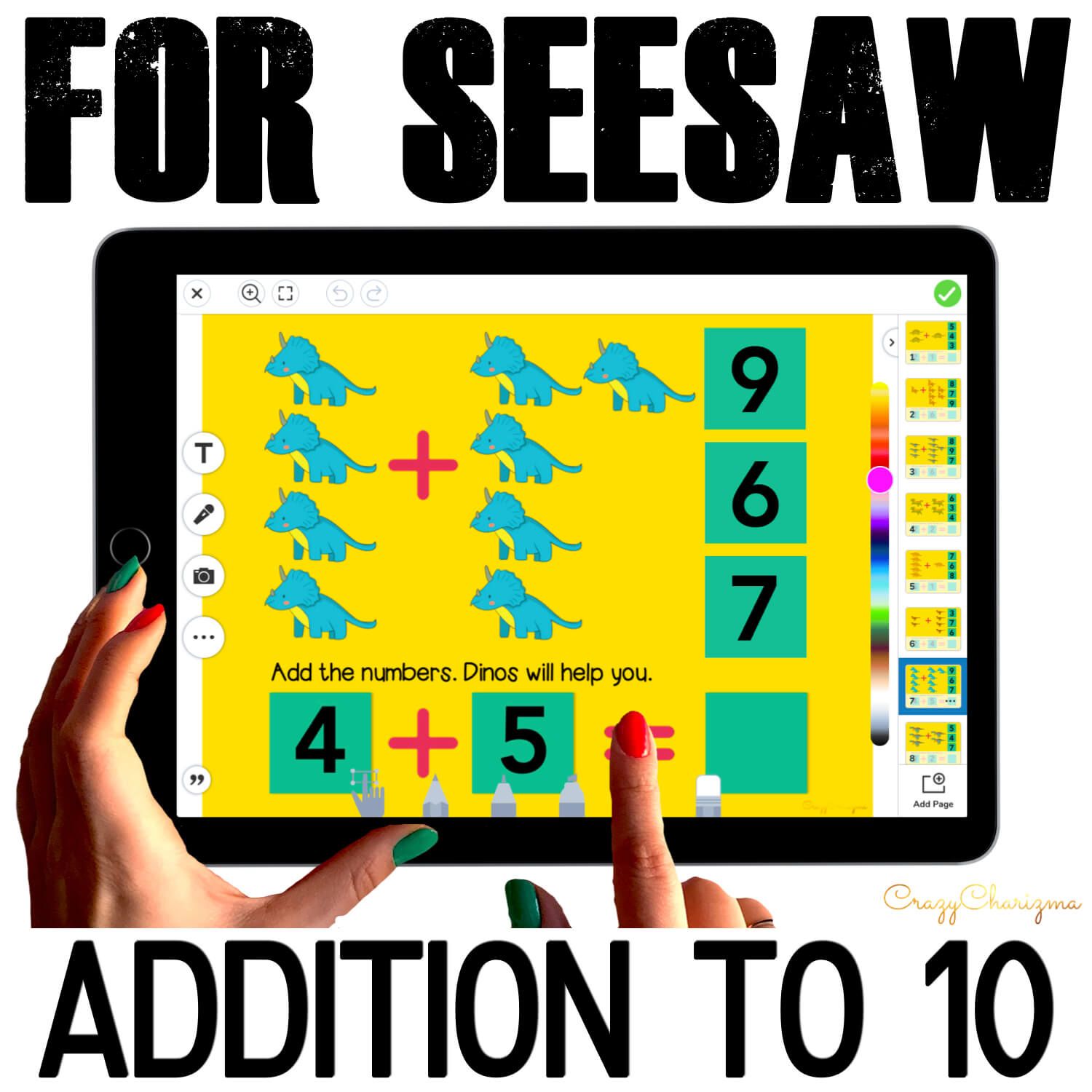 Need fun activities to use in Seesaw? Looking for an engaging Addition to 10 practice for distance learning? Have fun with this math center. Kids will add numbers and drag moveable pieces with the correct answer. Pictures of dinos will help!