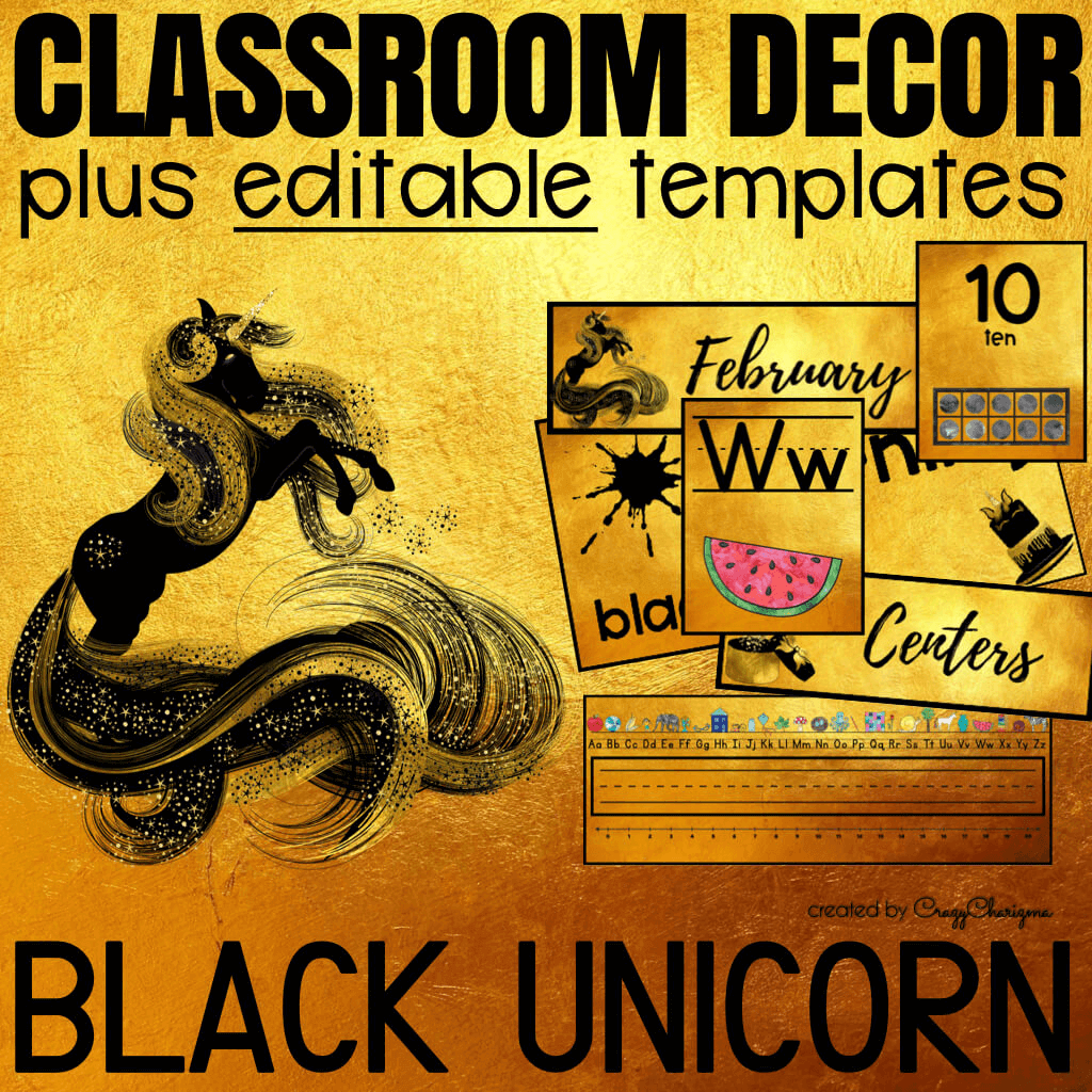 Decorate your classroom this year with this stylish BLACK UNICORN decor set. There are over 700+ pages of printables. Find inside EDITABLE TEMPLATES and ready to print classroom jobs labels, name tags, alphabet posters, numbers posters, centers signs, table signs, hall passes, schedule, calendar elements and much more.
