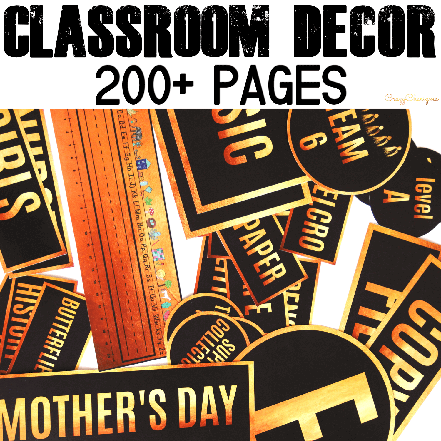 Looking for stylish decor? Love black and gold? This huge decor set is what you need and will love! There are over 200+ pages of printables. Find inside classroom jobs labels, name tags, alphabet posters, numbers posters, centers signs, table signs, hall passes, schedule, calendar elements.