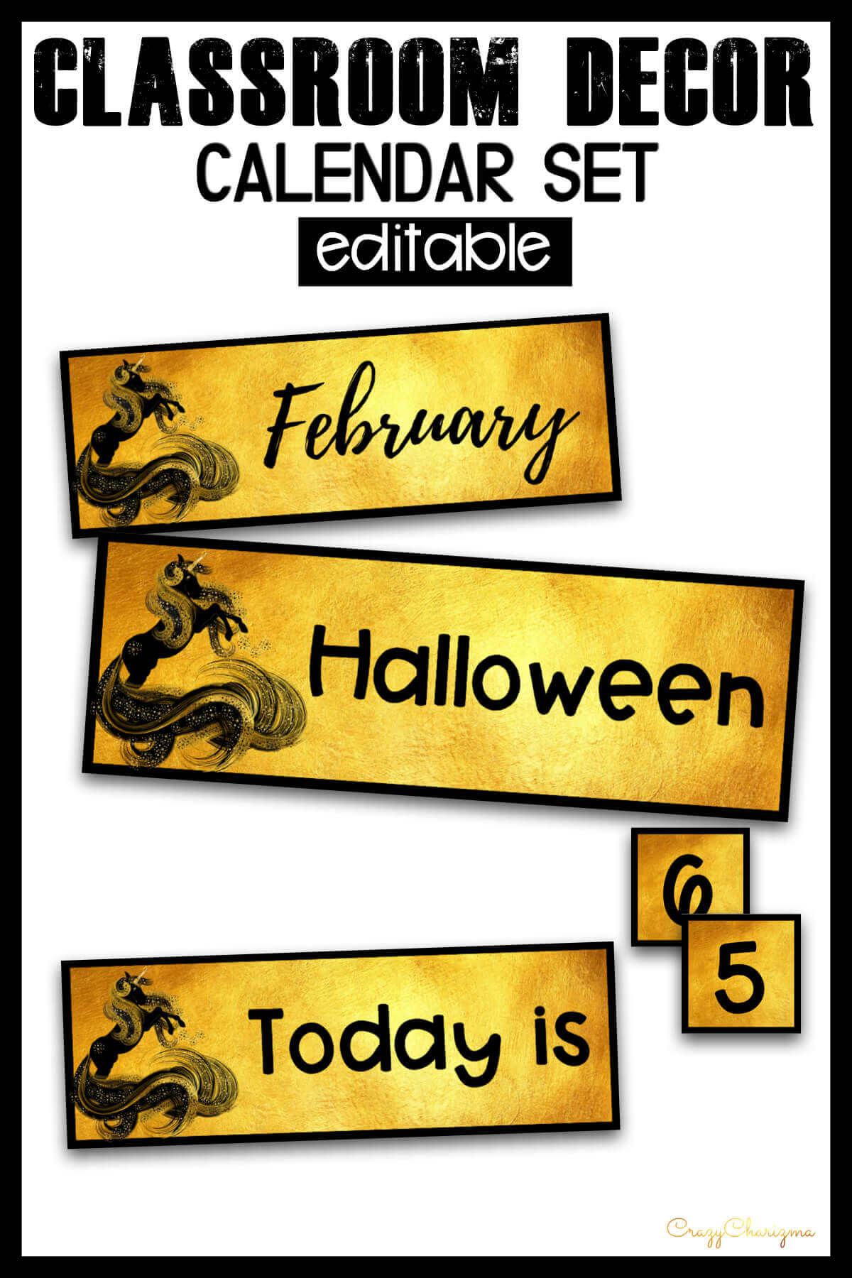 Decorate your classroom this year with this stylish BLACK UNICORN decor set. There are over 700+ pages of printables. Find inside EDITABLE TEMPLATES and ready to print classroom jobs labels, name tags, alphabet posters, numbers posters, centers signs, table signs, hall passes, schedule, calendar elements and much more.