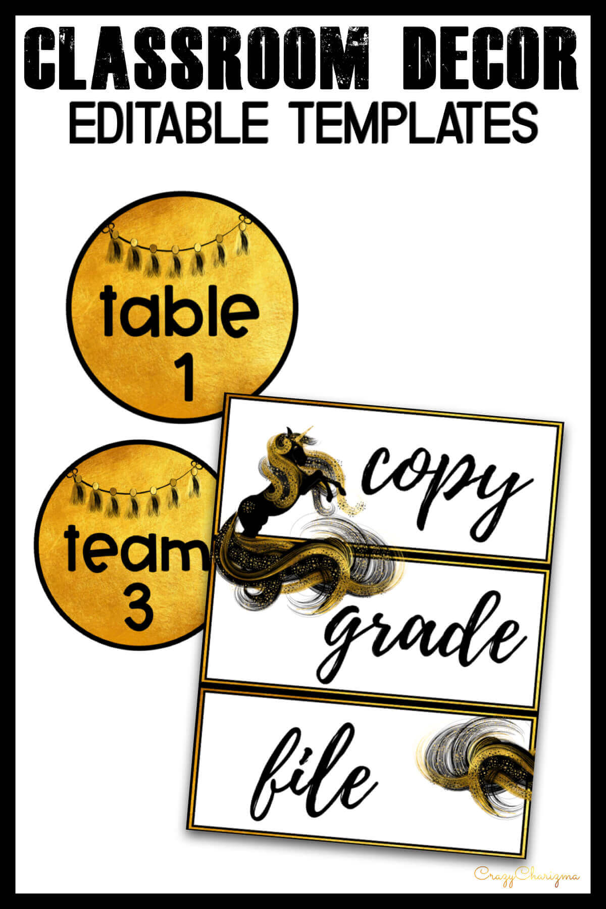 Decorate your classroom this year with this stylish BLACK UNICORN decor set. There are over 700+ pages of printables. Find inside EDITABLE TEMPLATES and ready to print classroom jobs labels, name tags, alphabet posters, numbers posters, centers signs, table signs, hall passes, schedule, calendar elements and much more.