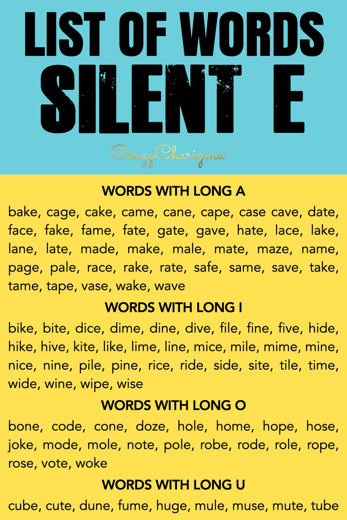 list of silent E words