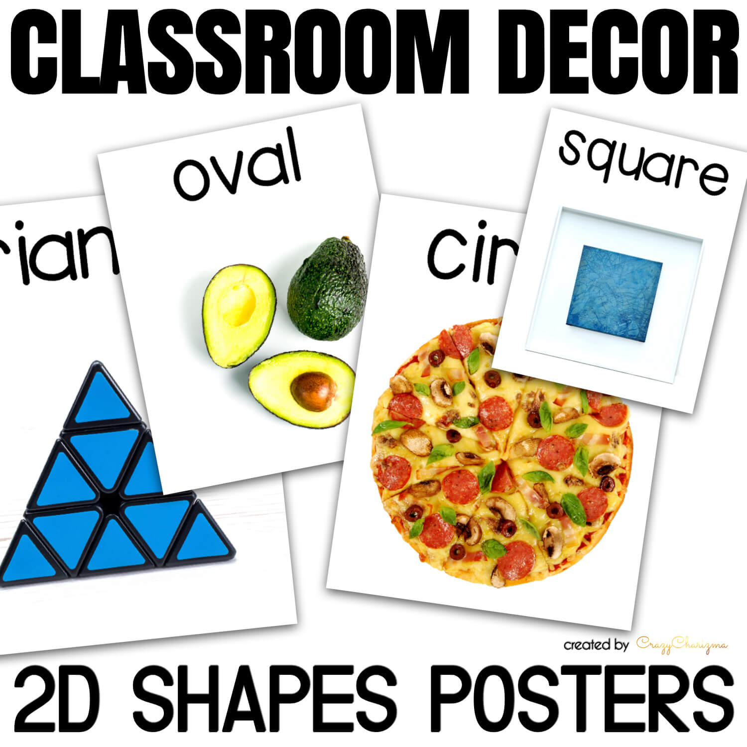 Need bright 2D shapes posters with real-life objects? You’ve found them! Modern look, vibrant colors, easy to understand objects with 2D shapes.