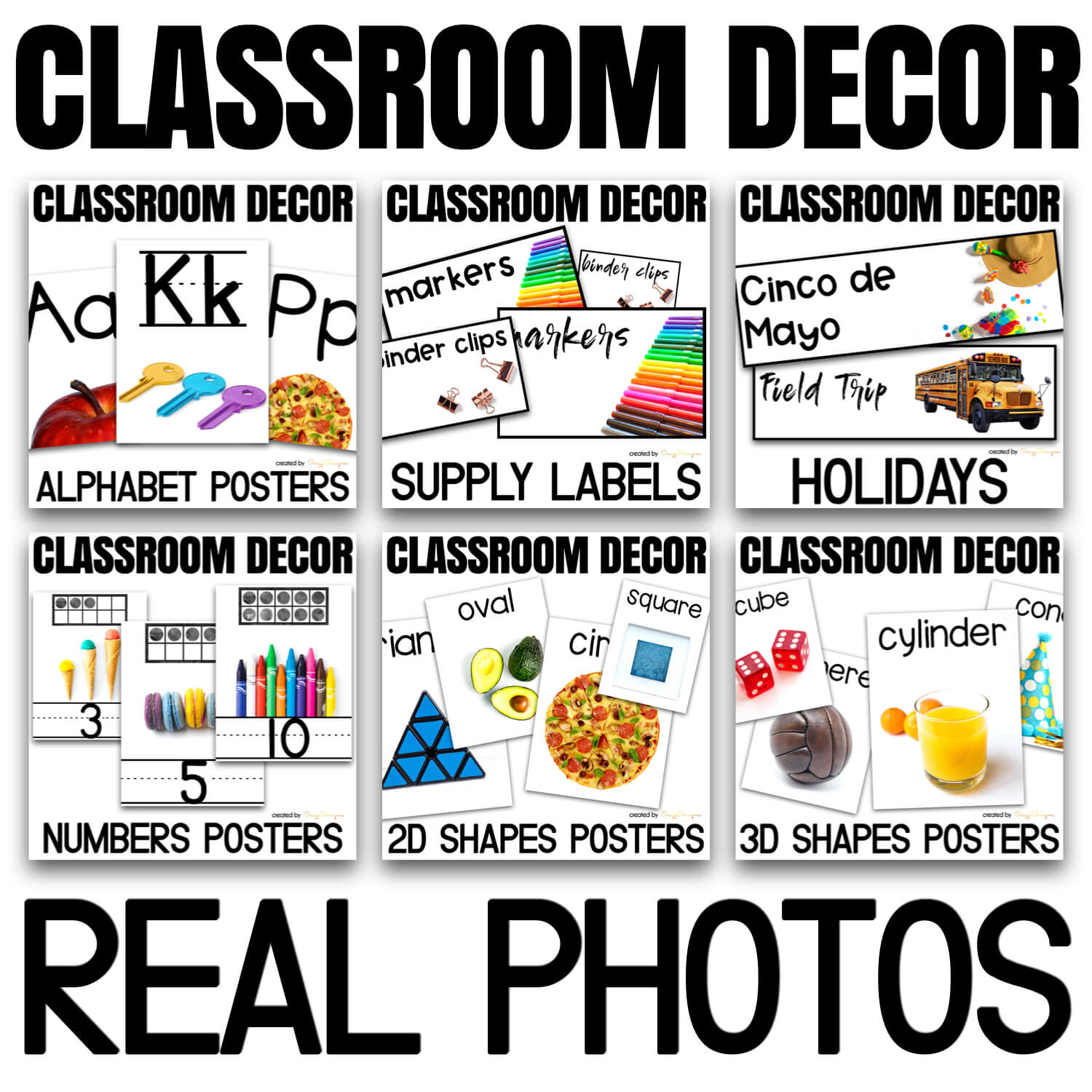 Looking for stylish classroom decor? With real photos? This huge bundle is what you need and will love! There are over 90+ pages: alphabet posters, numbers posters, supply labels, holiday labels, 2D shape posters, 3D shape posters.