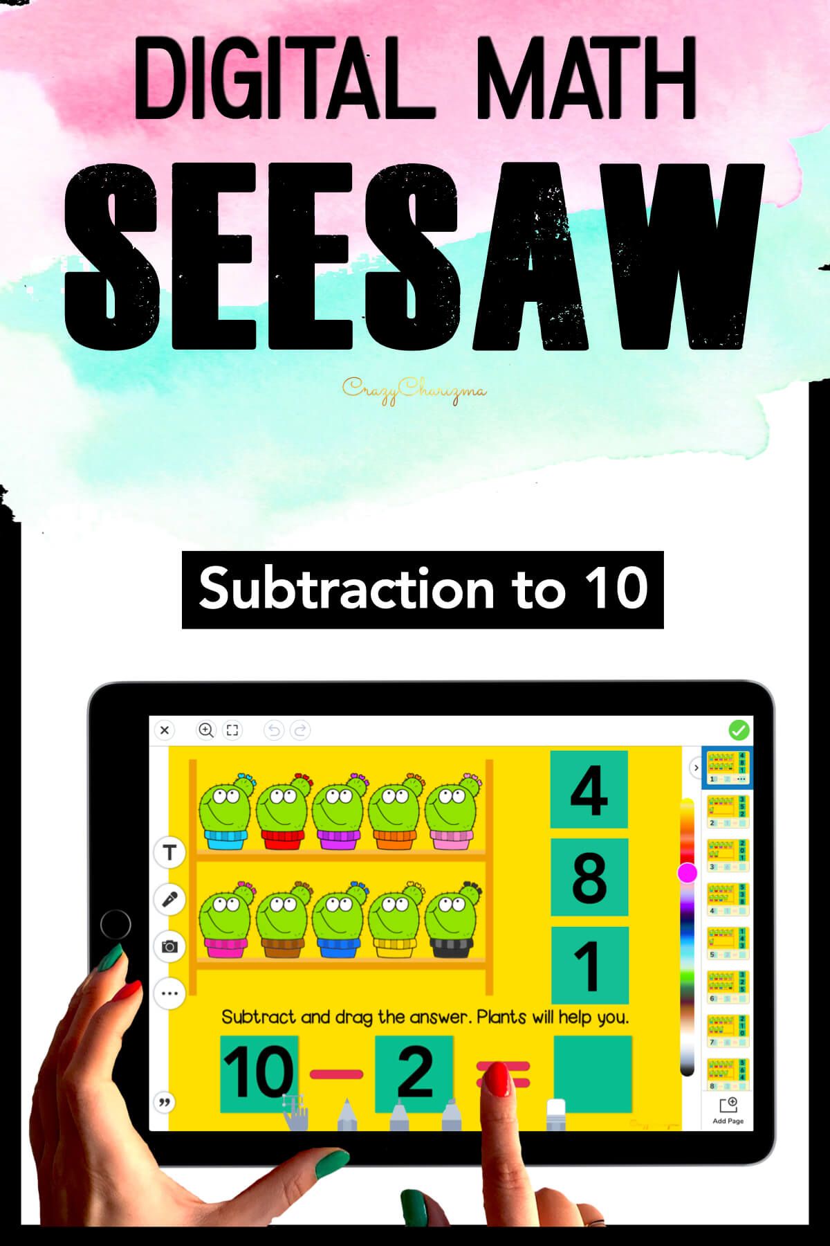 Need fun activities to use in Seesaw? Looking for an engaging Subtraction to 10 practice for distance learning? Have fun with this math center. Kids will subtract numbers and drag moveable pieces with the correct answer. Pictures of plants will help!
