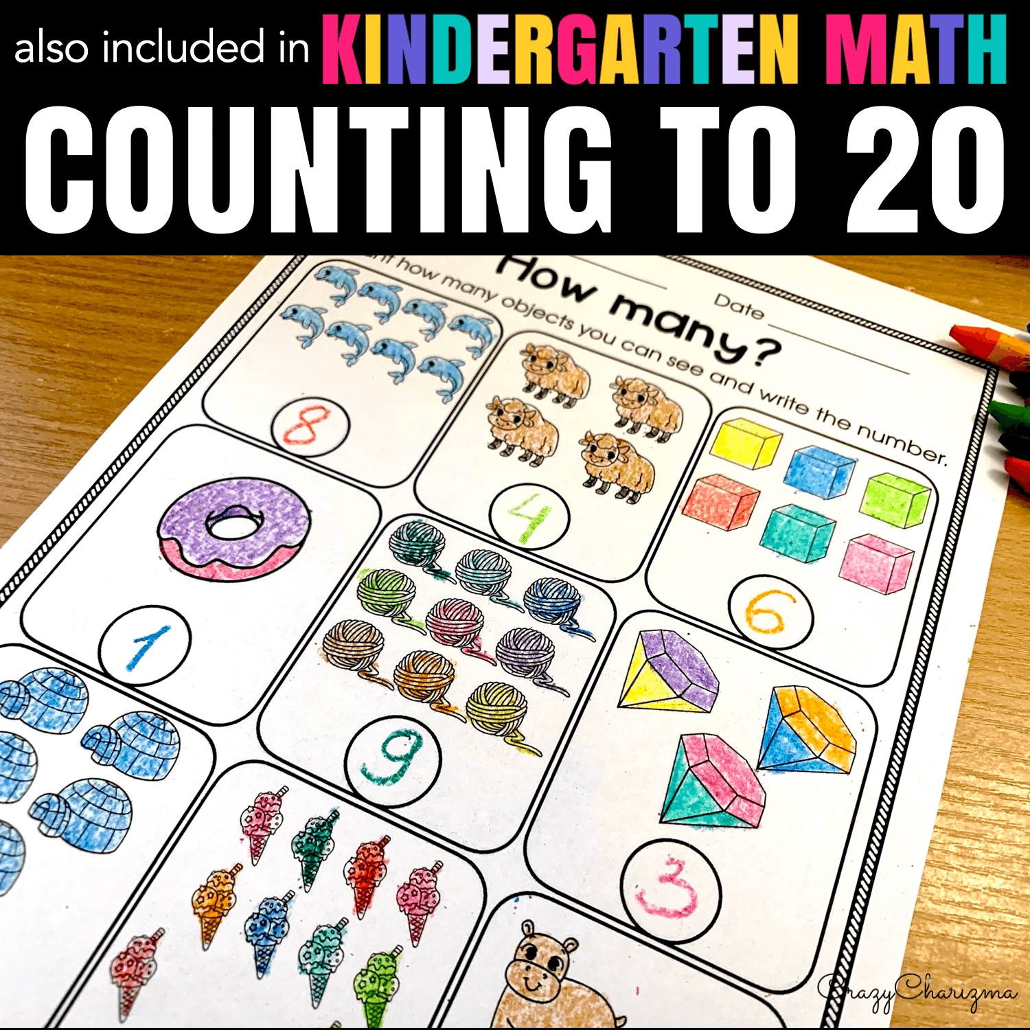 Practice counting objects to 20 with these engaging worksheets which kids can color! You can also use dry erase pouch pockets, insert worksheets there, and use and over and over!