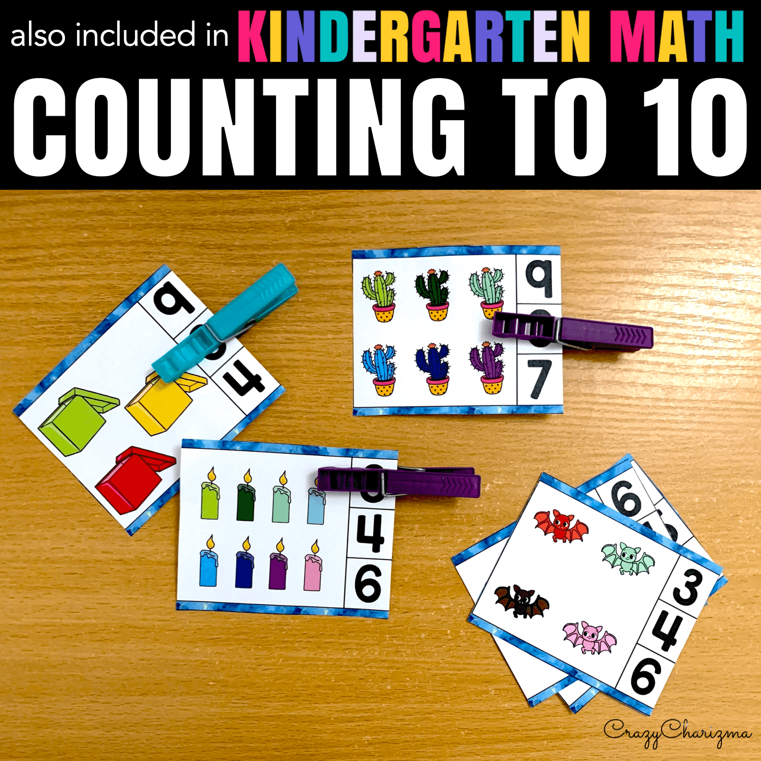 Practice counting objects to 10 with bright clip cards.