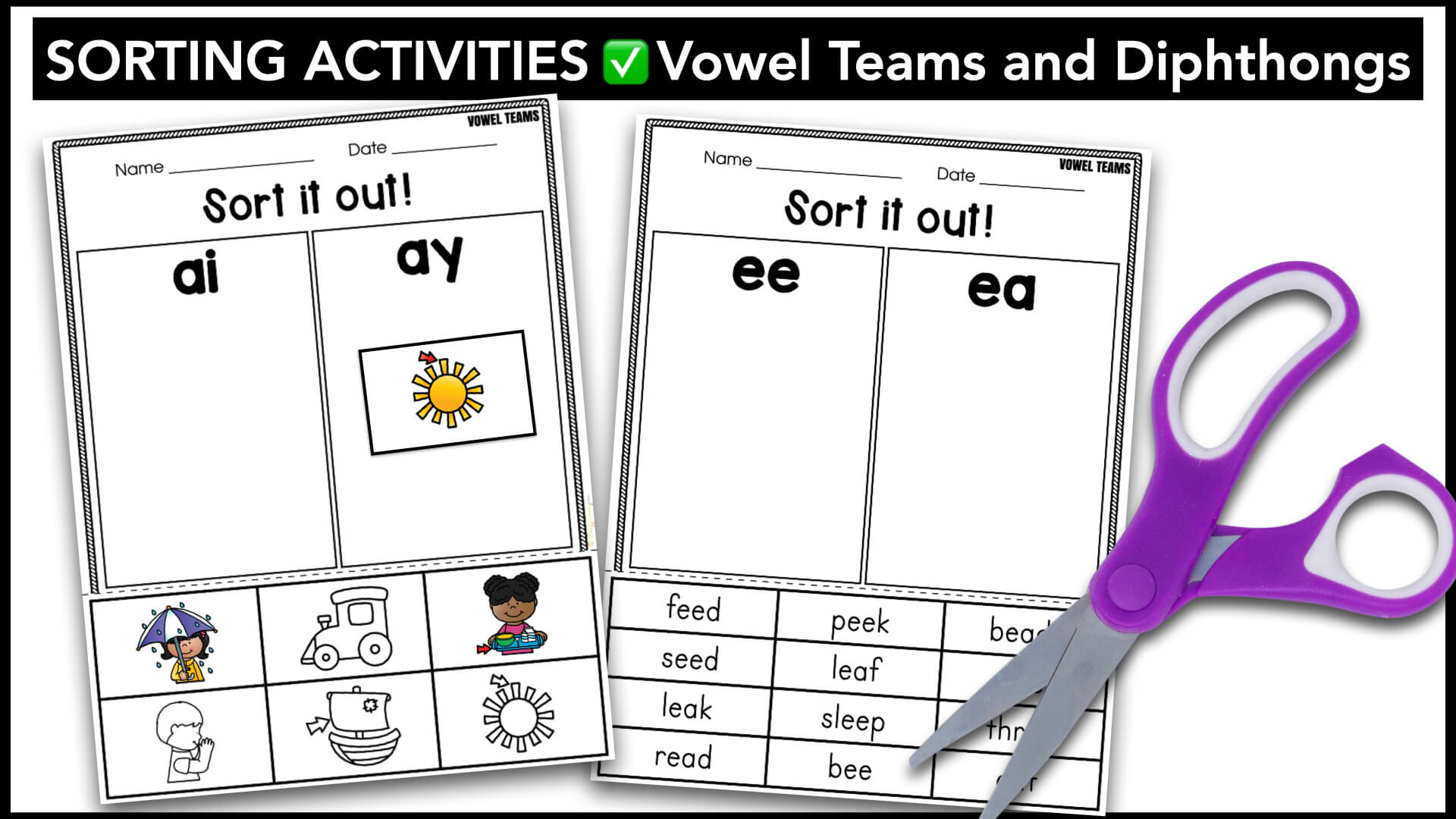 Vowel Teams and Diphthongs Sorting Activities
