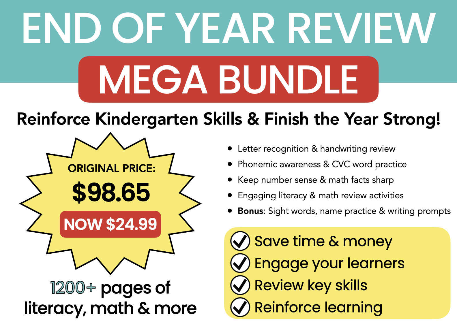 End of Year Kindergarten Review Bundle Literacy and Math Activities